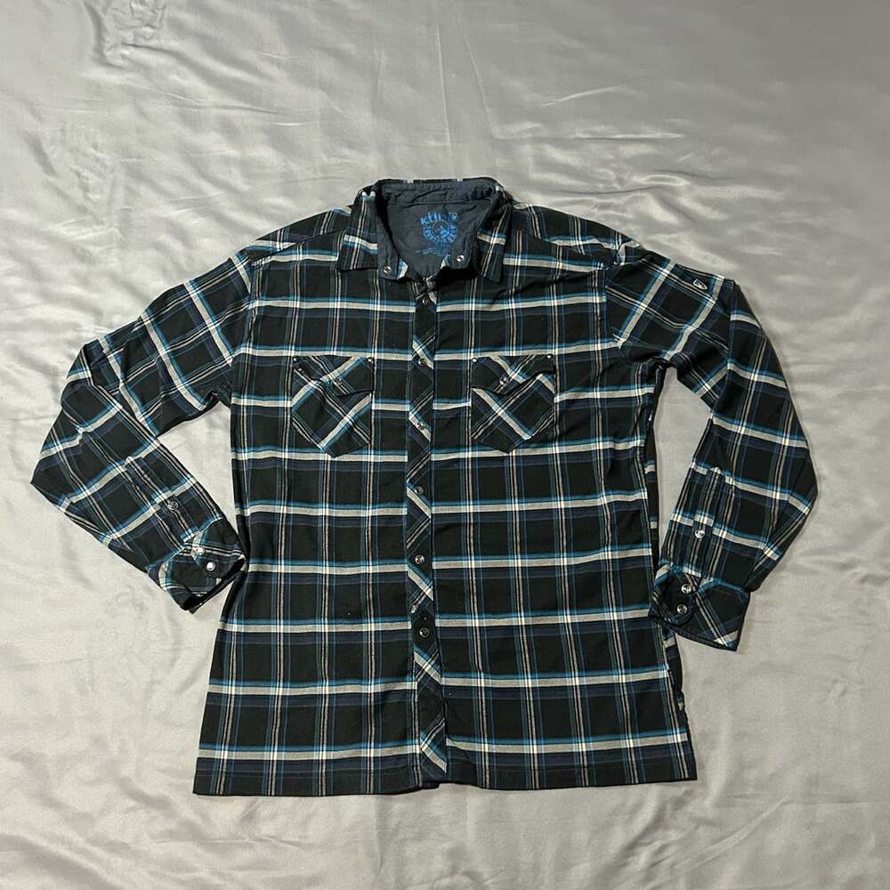 Kuhl Eluxor Mountain Grown Black Blue Plaid Long SleeveSnap ButtonShirt Men's XL